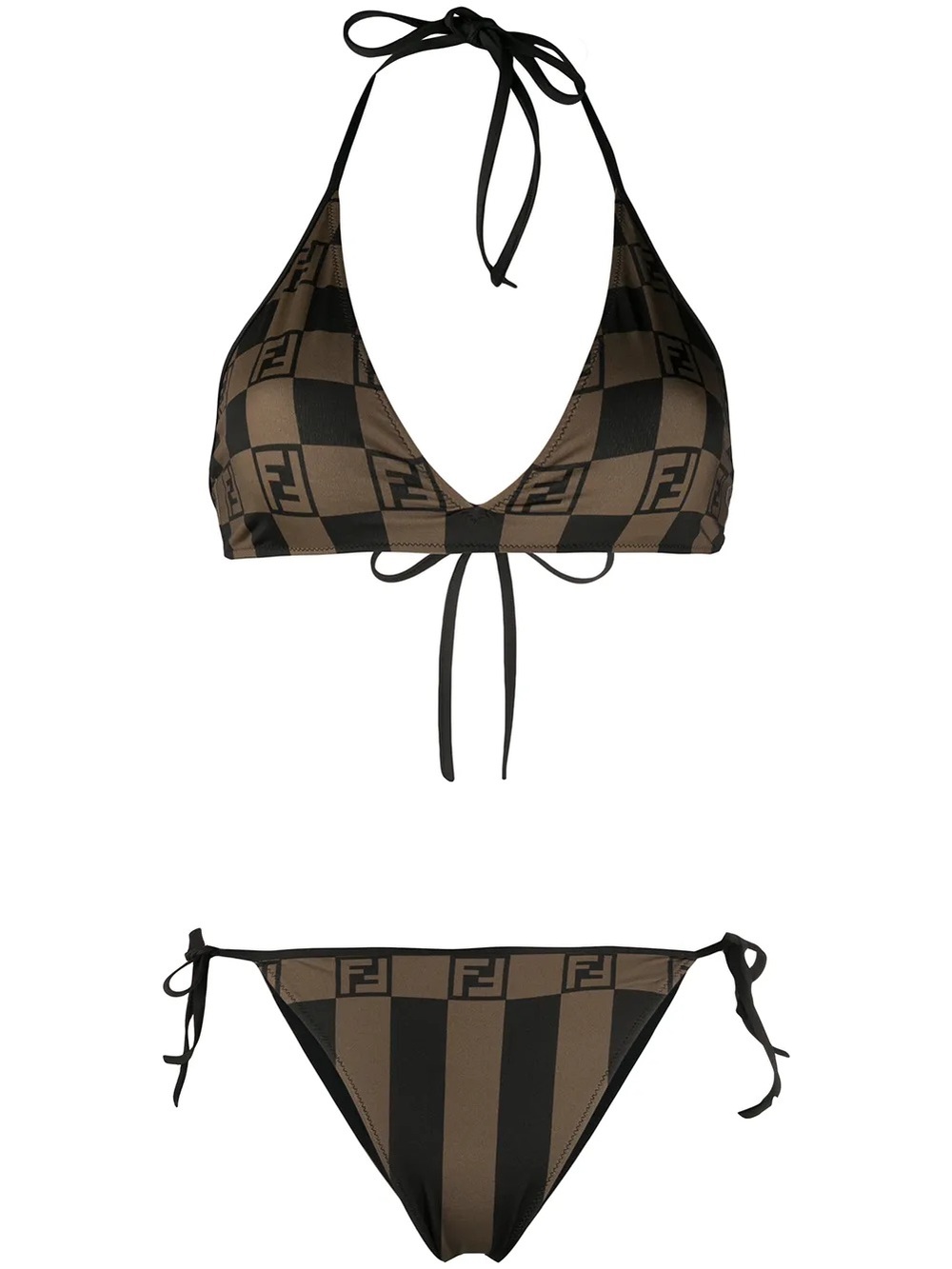 Fendi FF Logo Triangle Bikini Set Brown & Black Swimsuit with Fendi Bag Size 42